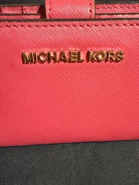 Michael Kors Coral-Pink Saffiano Leather Card Wallet with Gold Logo
